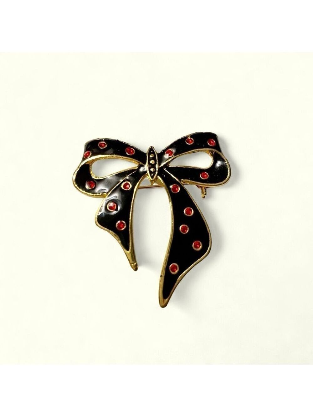 Vintage Bow Brooch, Bow Gold-Tone Black Enamel Bow with Red Stone Polka Dots